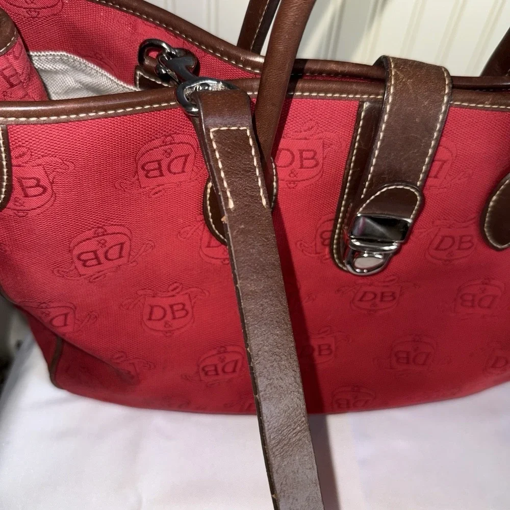 DOONEY & BOURKE Red Canvas & Brown Leather DB Signature Tote Satchel Bag Purse